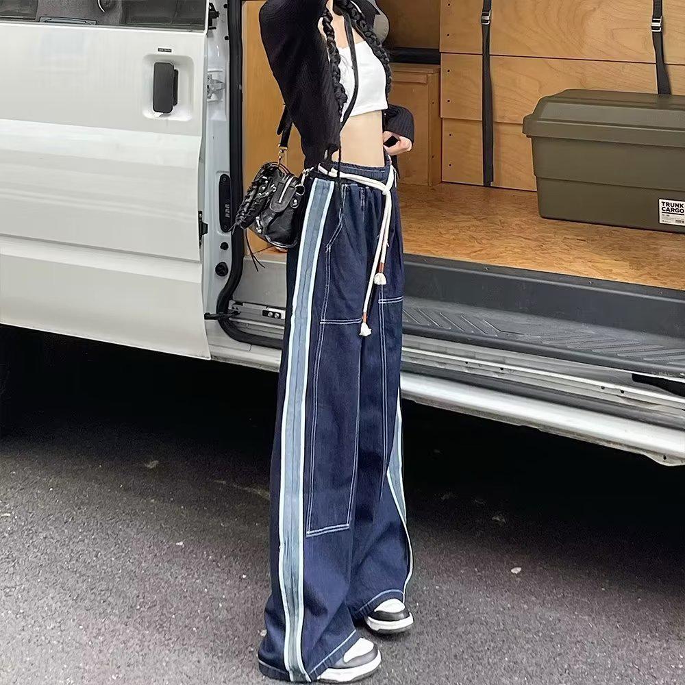 Women's Elastic Waist High-Waist Loose Straight Leg Jeans with Drape - Spring Style Slimming Wide-Leg Pants