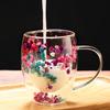 Double Wall Glass Coffee Mug Heat Insulation Tumbler Unique Flower Pattern Cup Insulated Heat Resistant Tea Latte Mugs with Handle