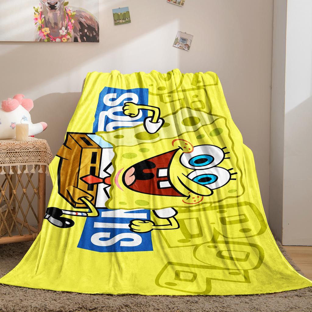 Cartoon Yellow Sponge-Bob Print Warm Blanket For Office Comfort Leisure Camp Travel Multifunctional Universal Blanket Fan Gift