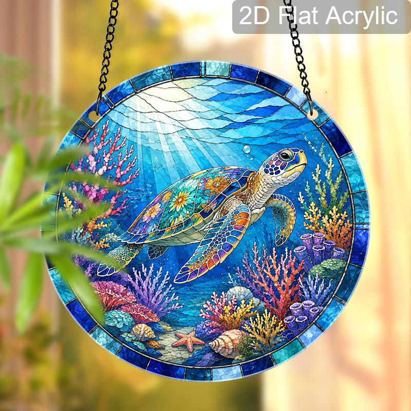 2D Flat Acrylic Blue Sea Turtle Suncatcher Decorative Hanging Ornament, 7.87/11.81inches Summer Underwater World Coral Turtle Design Window Hanging