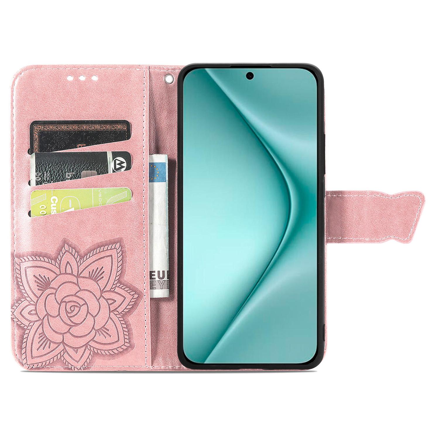 

For Huawei Pura 70 Case Card Holders Butterfly Pattern PU Leather Phone Cover Rose Gold