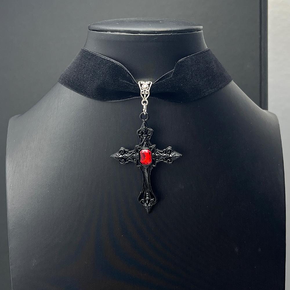 Gothic Dark Red Gemstone Cross Choker Necklace