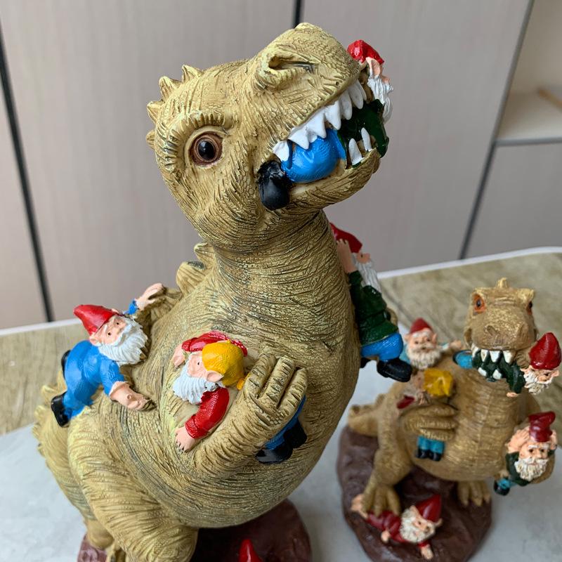 Resin Dinosaur Eating Gnome Garden Statue Ornament