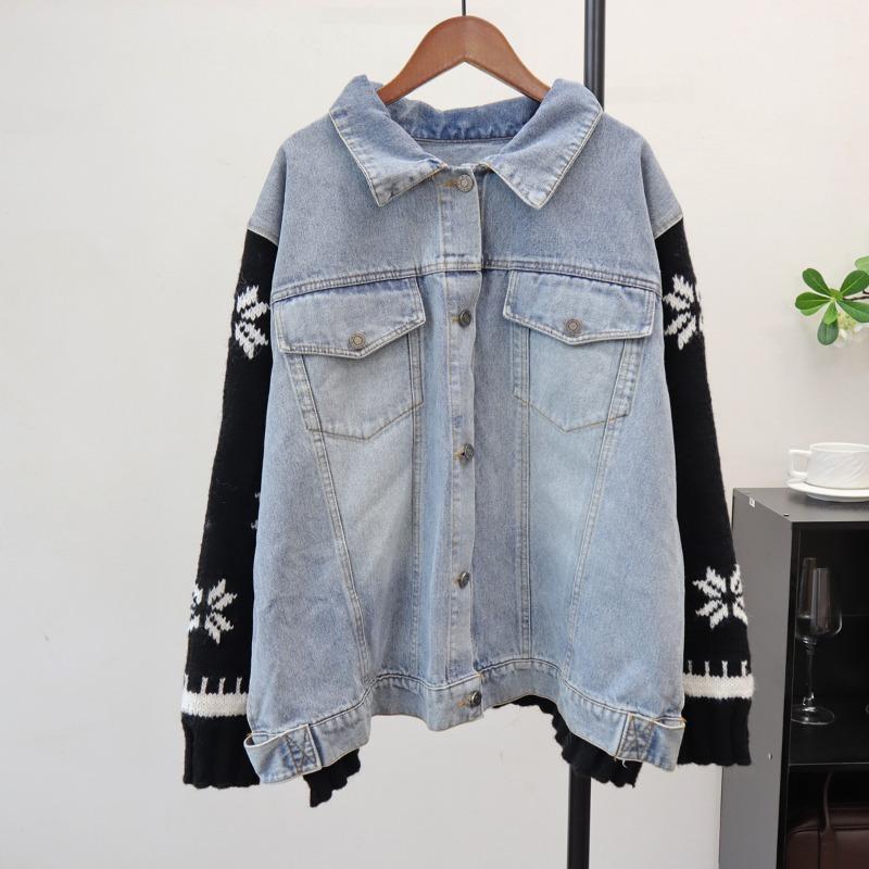 

Осень и зима новый дизайн сшитого джинсового свитера-куртки, свободный повседневный вязаный кардиган для женщин one size fits all чёрный