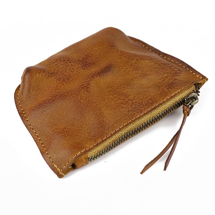 

New Top Layer Vegetable Tanned Cowhide Coin Purse, Headphone Bag, Women s Couple Style, Handmade Old Pleated Retro Japanese Wallet коричневий
