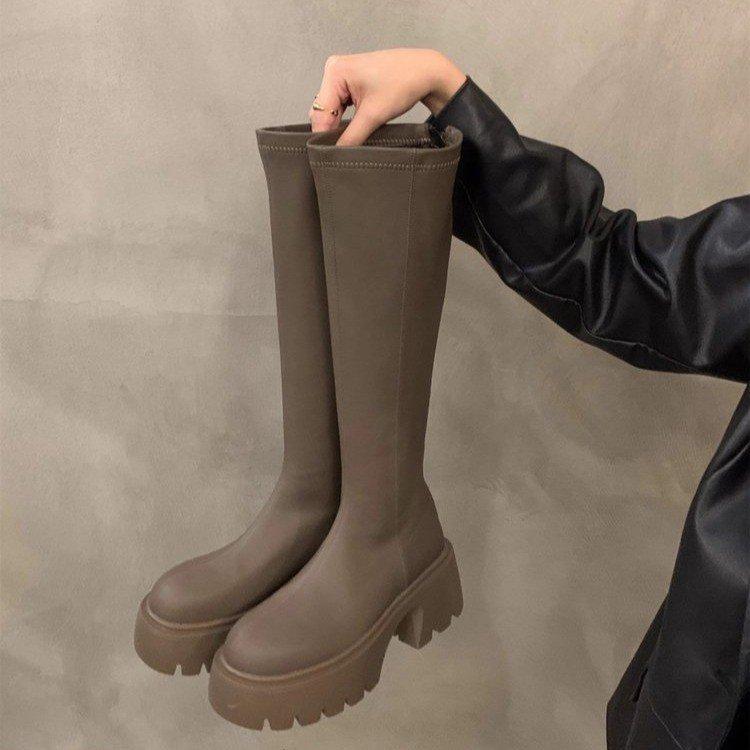 

Женские сапоги до колена на толстой подошве, универсальные сапоги-рыцари с высоким голенищем, новые маленькие тонкие сапоги осень-зима 2025 40