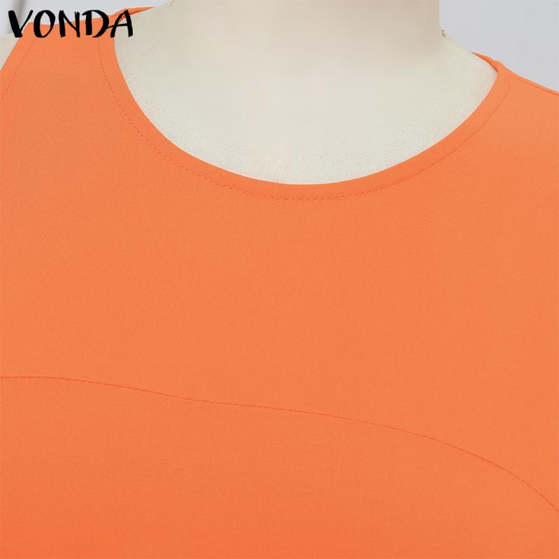 VONDA Summer Women Round Neck Sleeveless Solid Color Holiday Beach Long Pleated Dress
