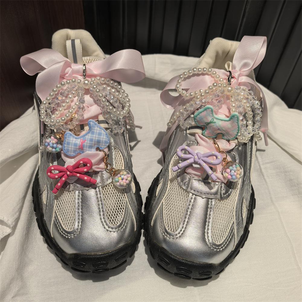 New dopamine Colorful bow Shoe laces Charms for Sneakers Cartoon Dog Shoe Decorations Charm Crystal Pearl Bow Shoes Accessories