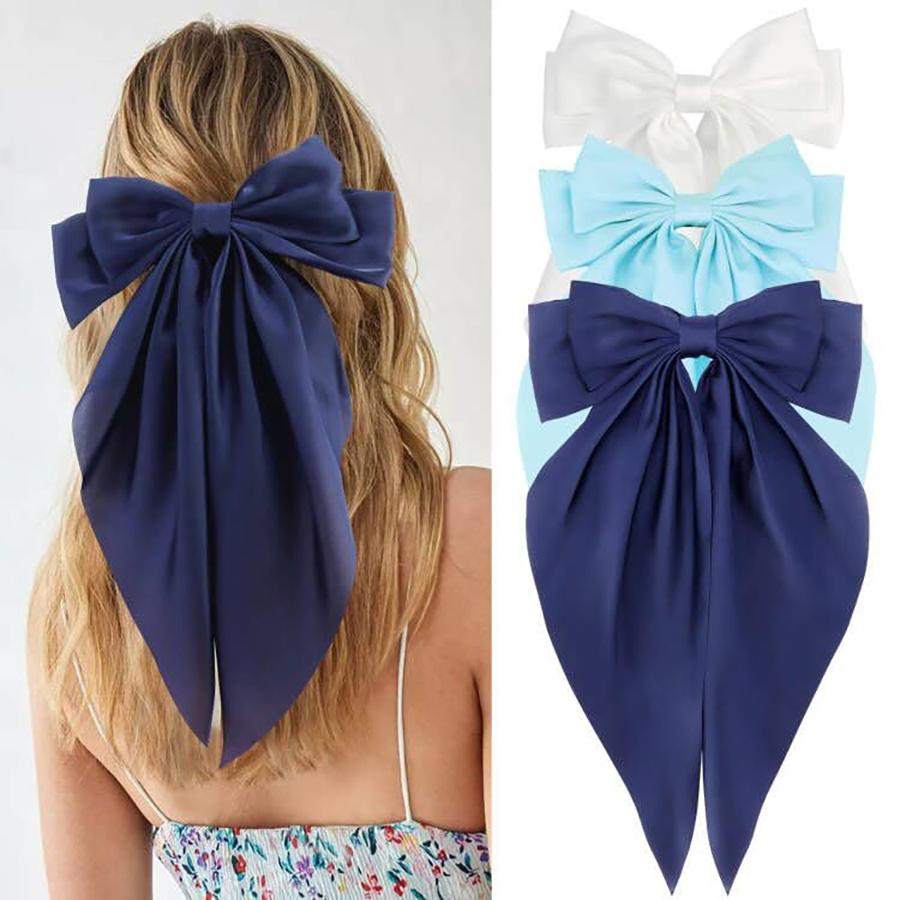 3Pcs Large Elegant Ribbon Bow Hair Clip for Women Simple Solid Color Satin Ponytail Bowknot Hairpins Barrettes Hair Accessories