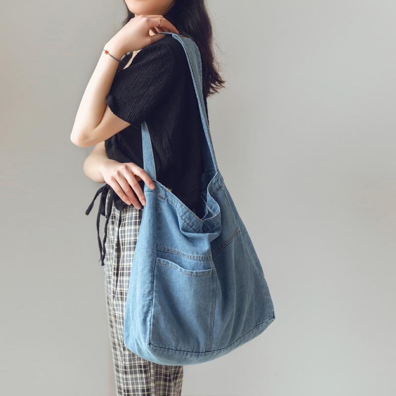 Washed Denim Bag Large Capacity Messenger Bag Student Class Bag Women's Canvas Bag Simple Shoulder Bag