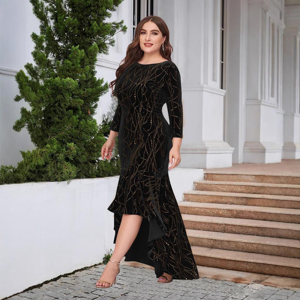 Autumn Women's Plus-size Velvet Dress Three-quarter Sleeve Long Velvet Mermaid Dress