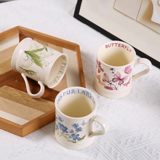 380ML Ceramic Coffee Mug Retro Vintage Floral Drinking Mugs Hand-Painted Floral Butterfly Pattern Tea Cup with Handle Gift for Women Girls