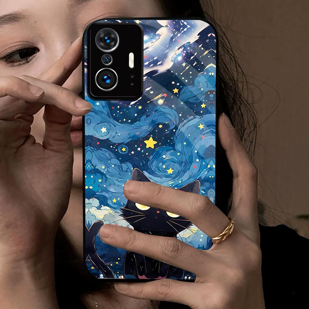 Case for Xiaomi 11T Pro Anime Black Cat Starry Cloud Print Phone Cover Acrylic Hard Back Shell With Flexible TPU Edge