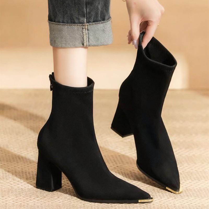Metal Pointed Toe Booties Fall New Fashion Suede Zipper Non-Slip Wear-Resistant Block Heel Shoes