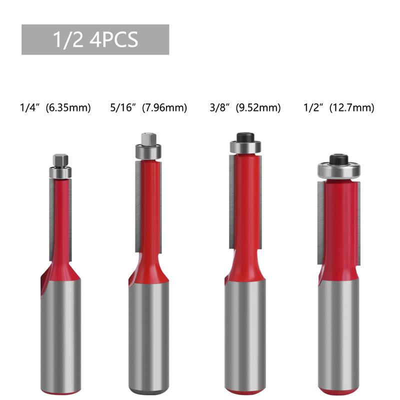 1/4 stk 1/2 tommer 12 mm skaft ende Dobbel fløyter Kulelager Flush Router Bit Rett skaft Trim Trefreser for trebearbeiding