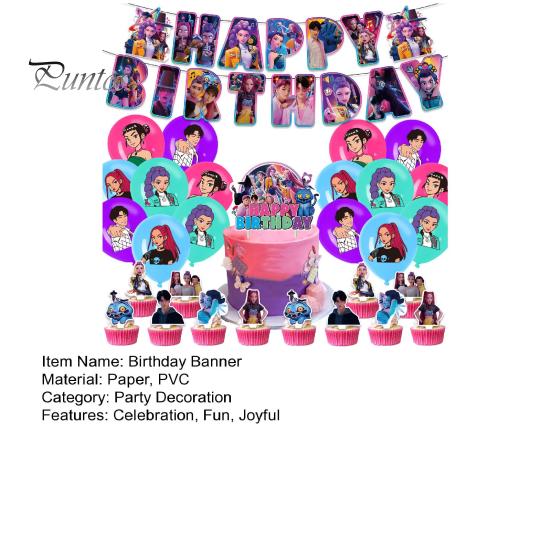 Birthday Flag Cake Topper Demon Hunters Decorations Set Anime Theme Happy Party Girls Supplies with Banner Toppers Backdrop for Kids Fans Premium