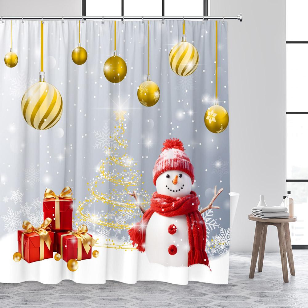 Cute Snowman Christmas Shower Curtains Blue Xmas Tree Rope Ball Gift Snowflake Winter Scenery Fabric Home Bathroom Curtain Dec