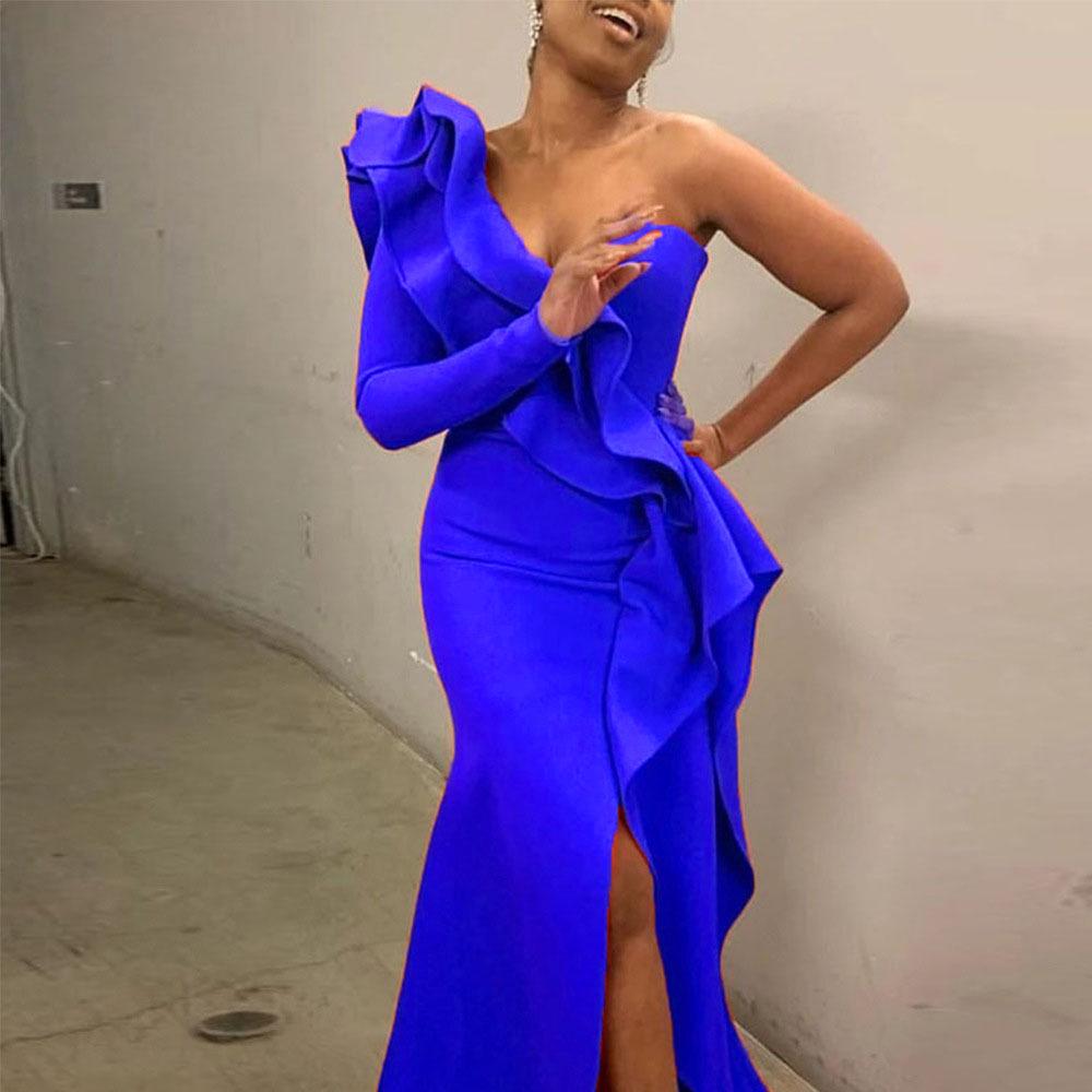

2025 Европейское и Американское Сексуальное Платье на Одно Плечо Тонкий Нестандартный Покрой Medium синий