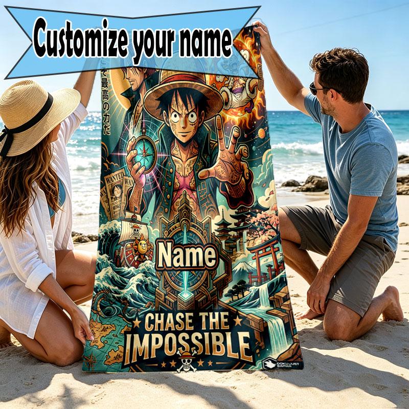 Custom Name Personalized ONE PIECE Print Beach Towel, for Trip Camping Beach Party Home Decor, Birthday Gift for Family & Friends