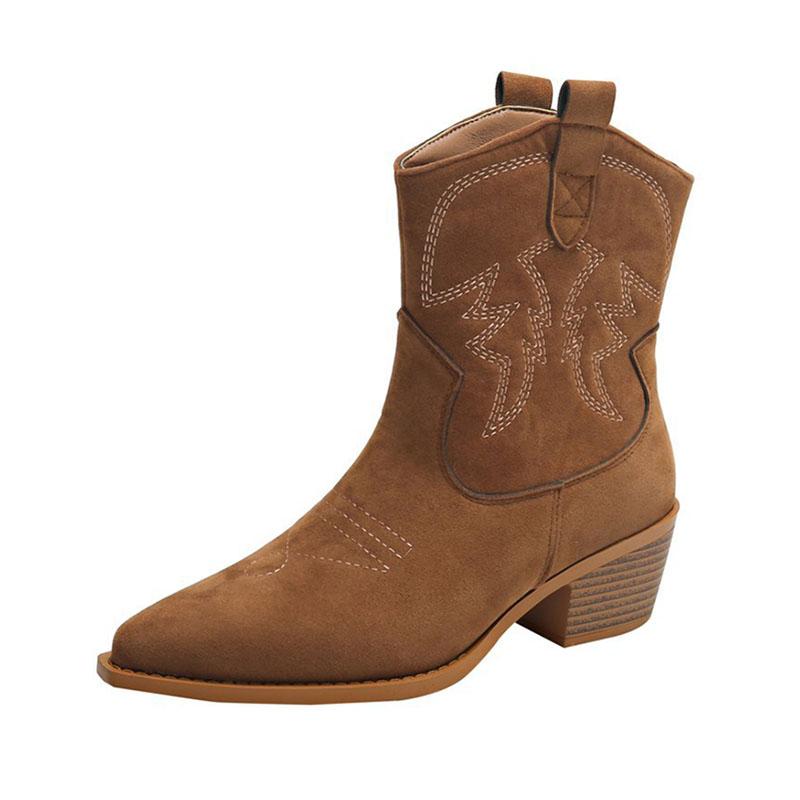 Comemore New Brown Embroidered Ankle Boots Pointed Toe Shoes Chunky Heel Knight Boots Retro Slip on Western Cowboy Short Botas
