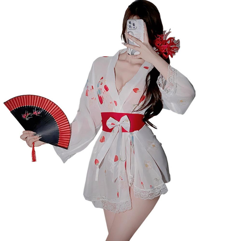 Sexy Lingerie Pure Desire Thin Perspective Strawberry Kimono Seduction Hot Pajamas Bed Passion Uniform Set