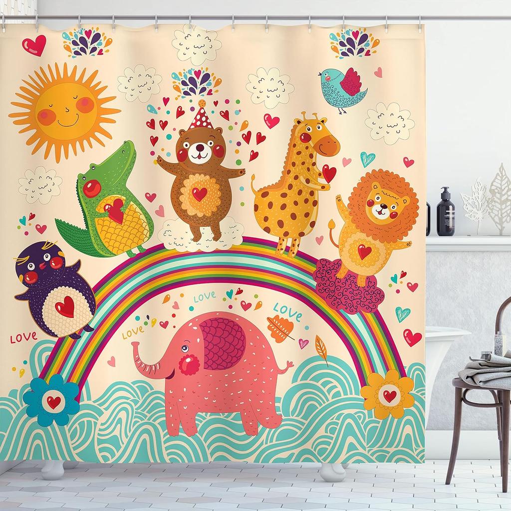 Cartoon Shower Curtain with Hooks – Happy Animals On Rainbow, Kids' Bathroom Decor with Bear, Lion & Crocodile