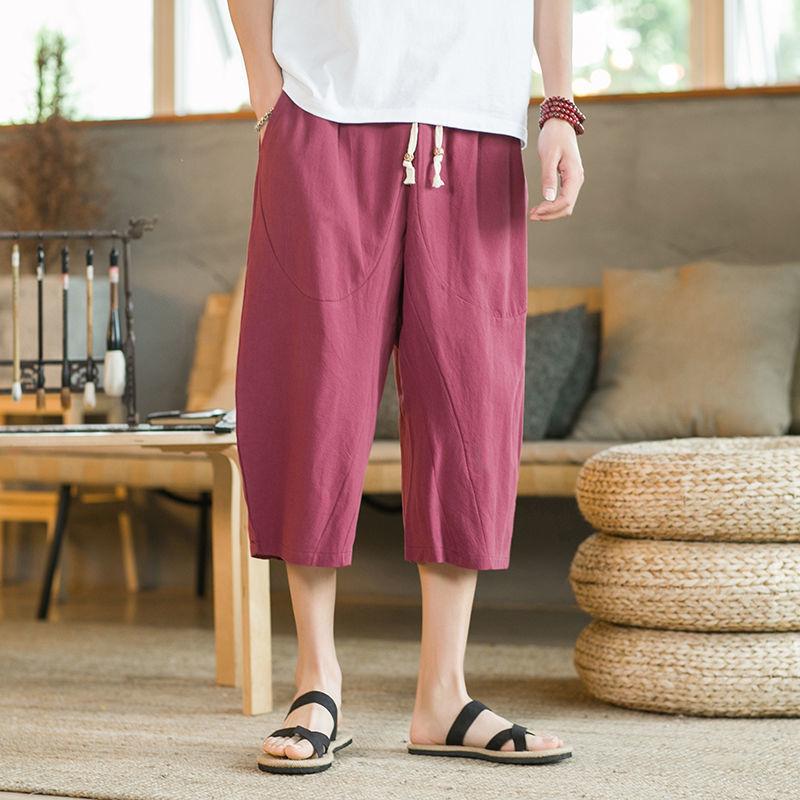 Summer Capris Men's Thin Casual Pants Loose Oversized Straight Leg Pants Cotton Linen Beach Shorts