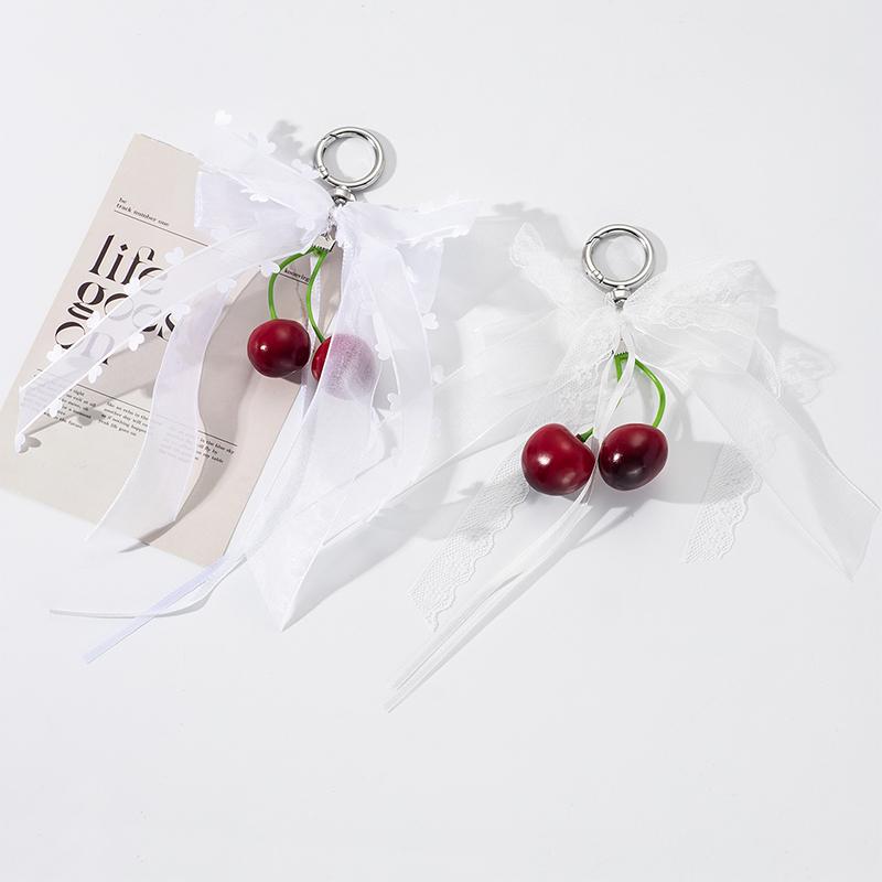 Phone Charms Ribbon Bow Keychain Mesh Leopard Pattern Cherry Pendant Bowknot Heart Keychains Pearl Bow Pendant Women Girls
