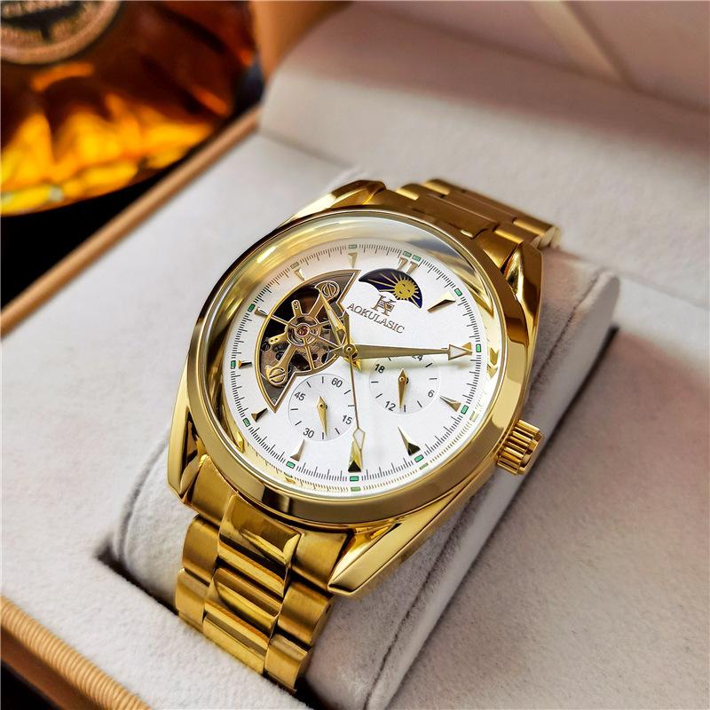 Novo Relógio Masculino Luminoso à Prova d'Água Sol, Lua e Estrelas Multifuncional Totalmente Automático Mecânico para Estudantes Homens