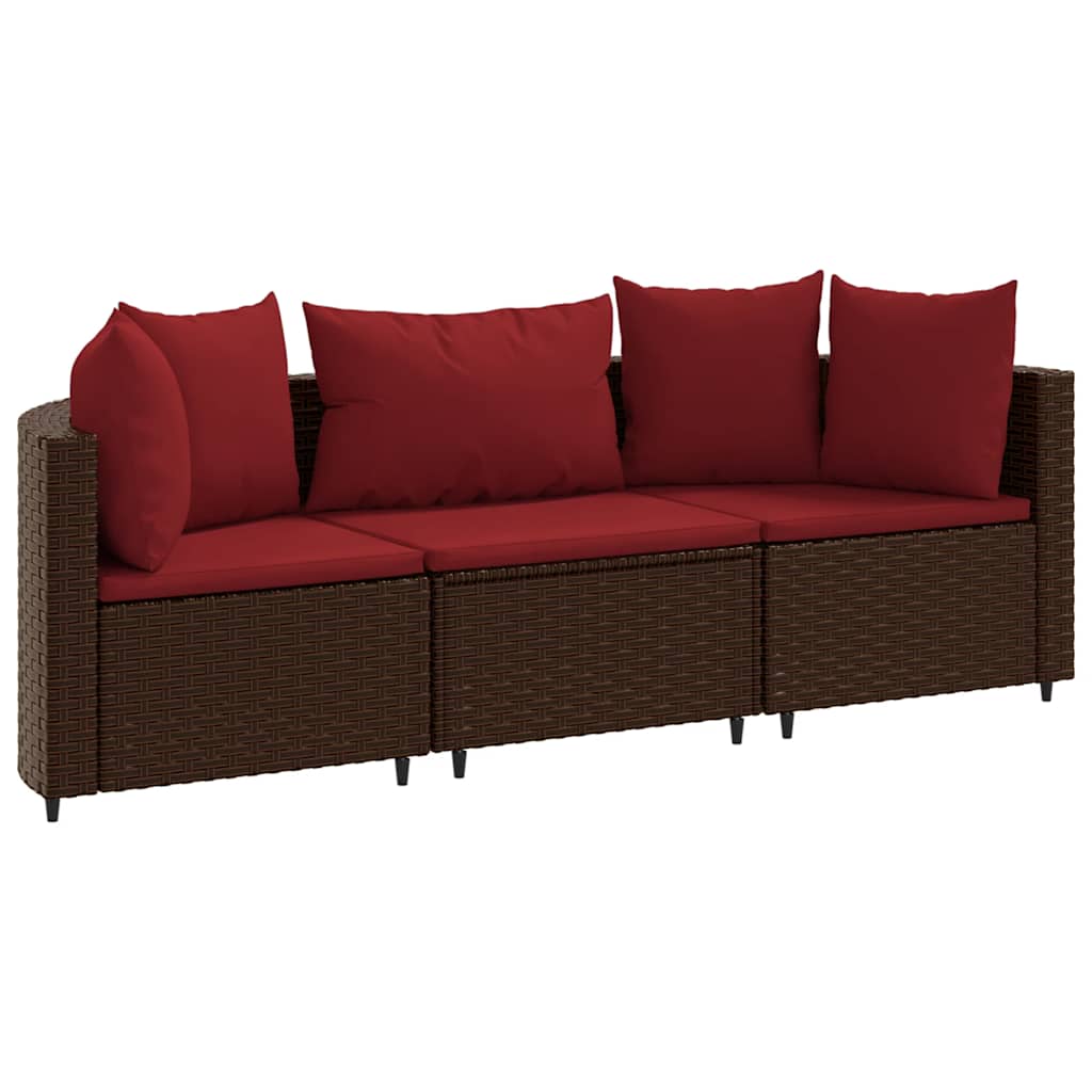 3 Piece Garden Sofa Set with Cushions Brown Poly Rattan