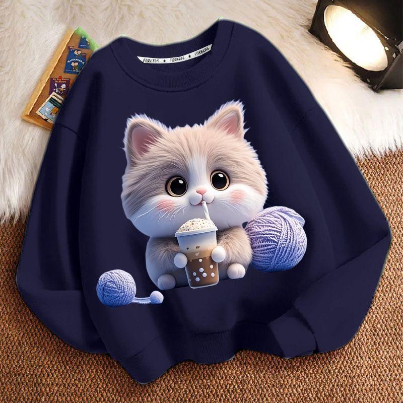 Cute Milk Tea Cat Round-neck Sweatshirt for Children, Fashionable Long-sleeved Casual Sweatshirt for Boys and Girls in Spring and Autumn
