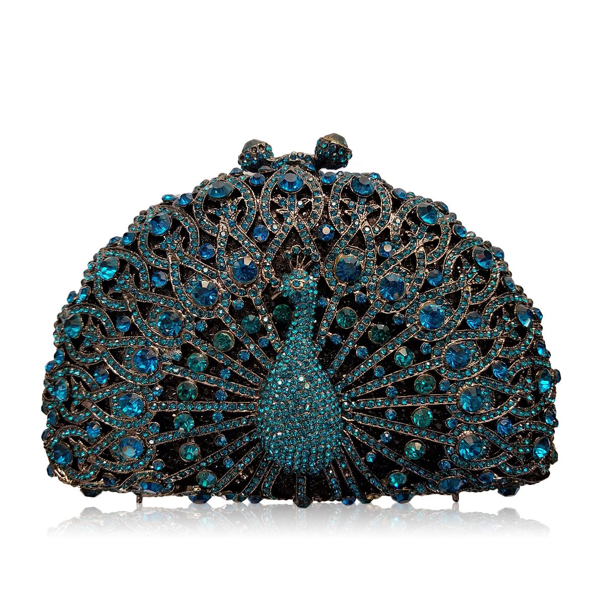 

21 Colors Evening Clutches Bags Peacock Shape Purse Rhinestone Clutch Purse Diamond Handbag Dazzling Women Party Prom Clutches 23cmX14cmX8cm