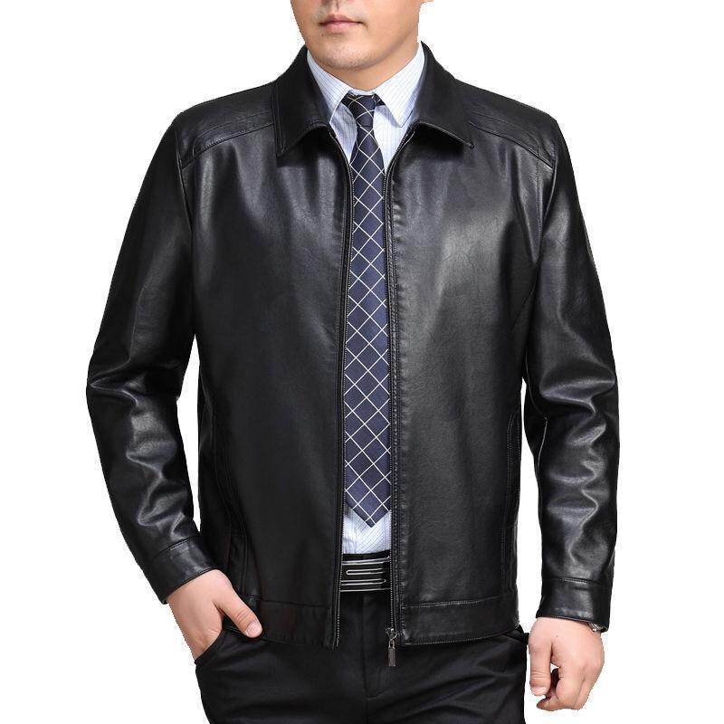 Haining Men's Real Leather Jacket - Middle-Aged and Elderly Spring Autumn Business Casual Fleece-Lined Coat