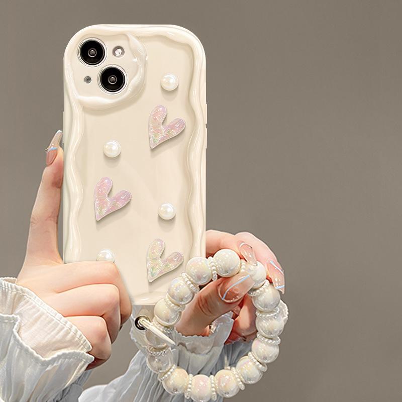 

For iPhone 15 Case 3D Heart Design TPU Phone Cover with Laser Beaded Strap A