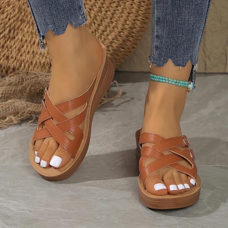 Fashion New Style Double Buckle Wedge Slippers Women Summer Cross Strap Round Toe Sandals Female Outdoor Weightlight Flat Slides Mujer