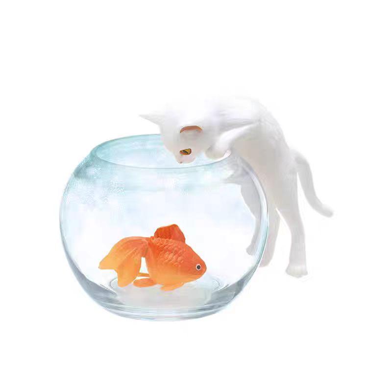 Genuine Action Figure Watching Goldfish Cat Gacha Catching Fish Three Flower Cat Black Cat Ornament Model Toys