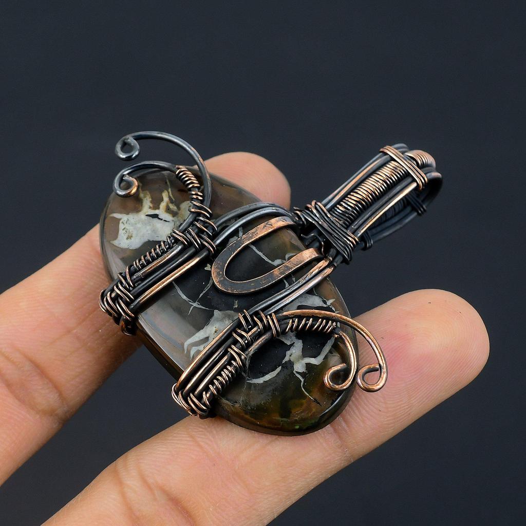 Mud Crack Fossil Pendant, 999 Copper Wire Wrapped Gemstone Jewelry, Handmade Tree Of Life Pendant, For Thanksgiving