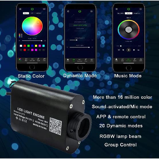 AZIMOM Bluetooth/RF Control 16W Music Mode Fiber Optic Light Source RGBW Light Box Engine for Car Home Star Ceiling Light Effect Decoration