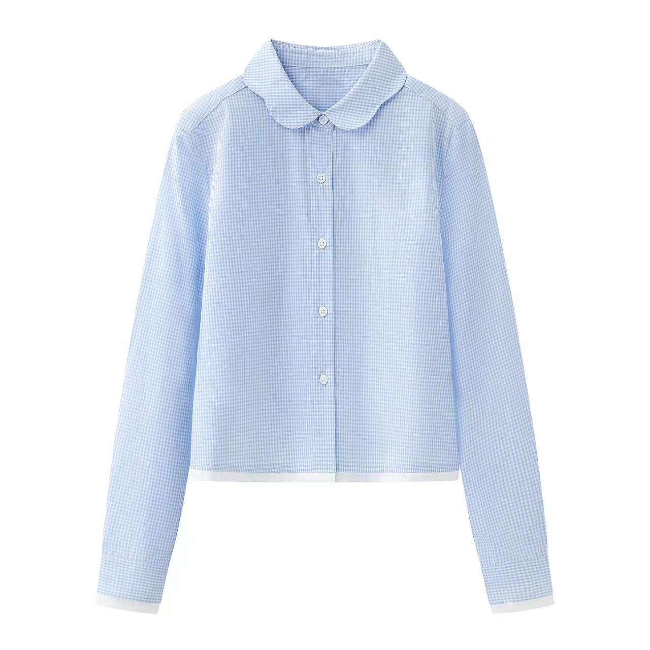 In Stock: Spring 2026 Liu Haocun Style Plaid Doll Collar Embroidery Long Sleeve Shirt 3K1CB12 S синий