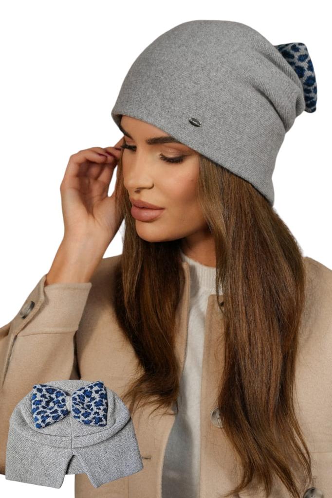 Winter Woolen Hat with Leopard Bow, Gray Kamea-Kiku