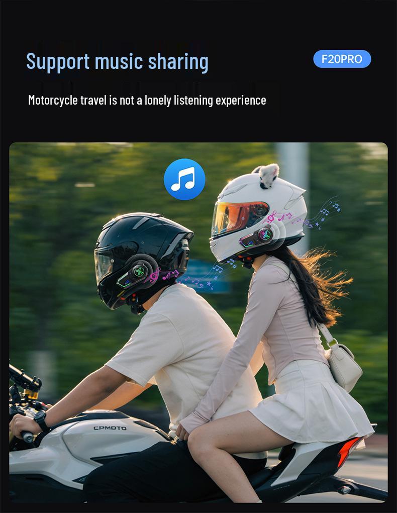 Bluetooth Motorcycle Helmet Headset F20pro: Cross-Brand Intercom, Two-Person Riding, Music Sharing.