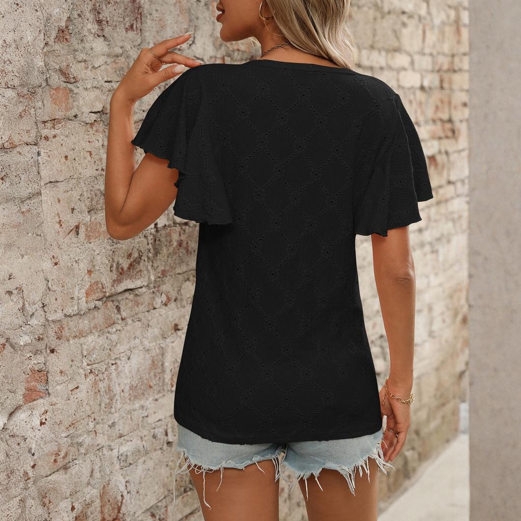 Women's Casual Fashion Round Neck Solid Color Hollow Short Sleeve T-shirt Top