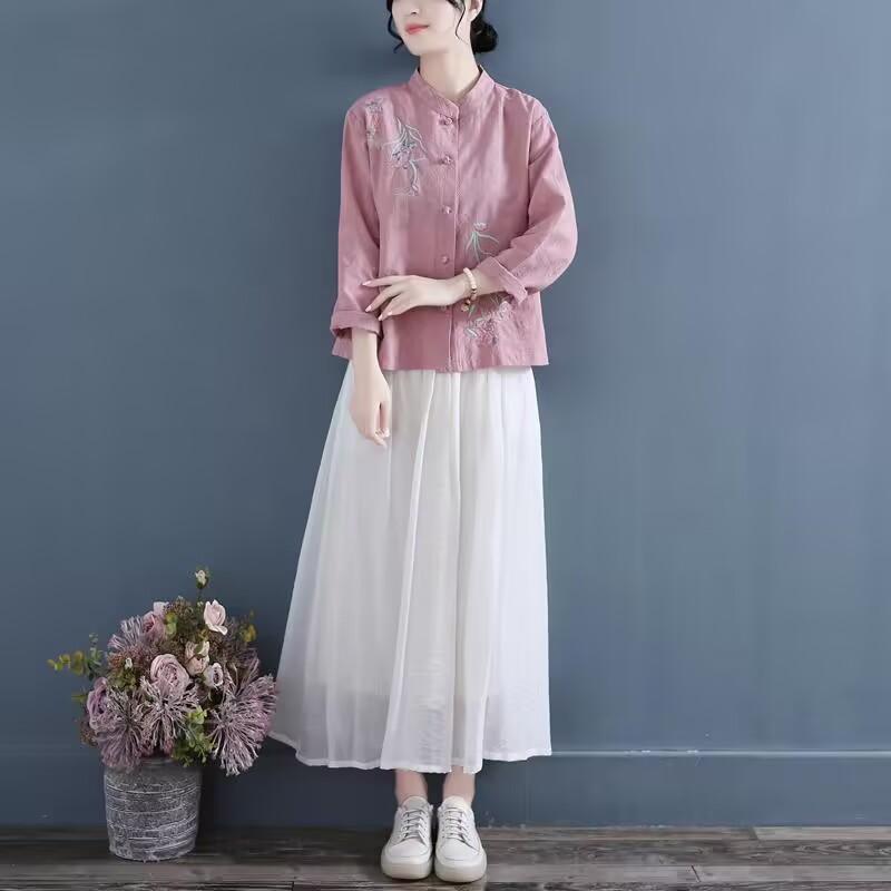 Chinese Style Embroidered Long Sleeve Shirt Women Cotton Linen Stand Collar Tea Clothing Vintage Casual Shirts Women Hanfu Tops