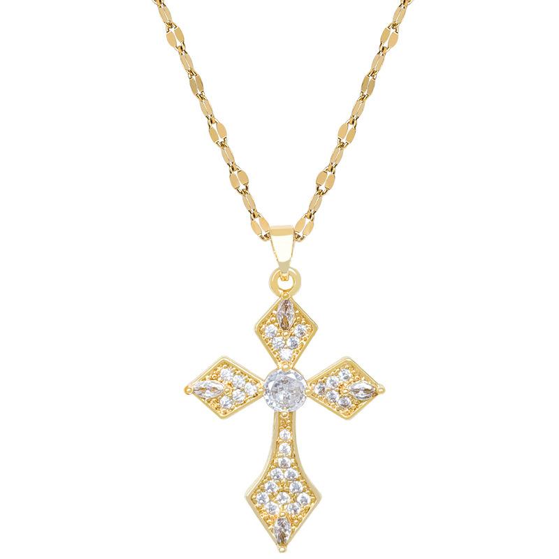 Acero de Titanio, Cruz de Diamante Completo Ligera Lujosa Temperamento Preciosa Cadena de Clavícula Versátil Femenina Collar de Diamante Completo Acero de Titanio