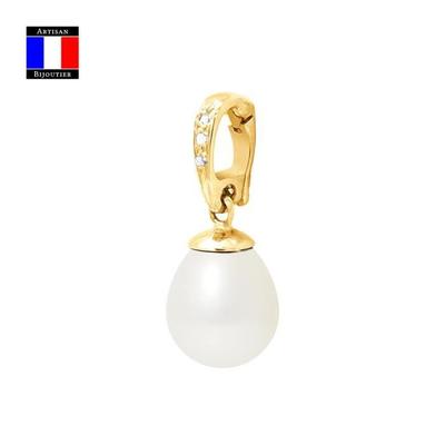Compagnie Générale des Perles - Diamantanhänger 0,03 Karat echte Zuchtperle, Birne 9–10 mm - 18 Karat Gelbgold - Damenschmuck