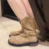 Moda Outono V-boca Rebite Fivela Cinto Botas Curtas Solado Grosso Femininas Retrô Cowboy Ocidental Botas Moda Sapatos de Salto Médio Grosso