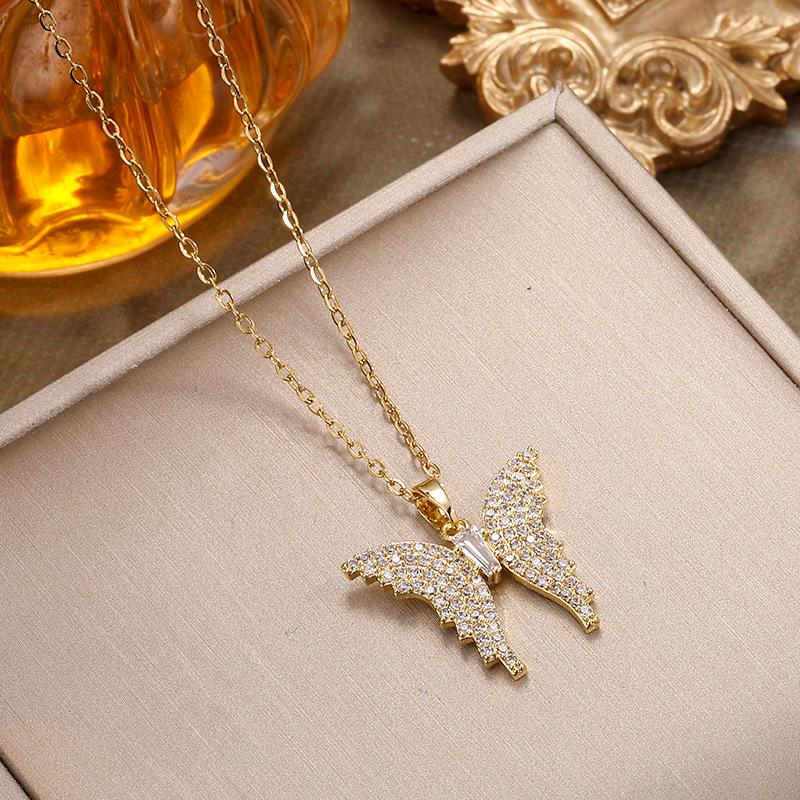 Luxury Butterfly Diamond-Inlaid Titanium Steel Necklace - Elegant Women's Collarbone Chain Jewelry