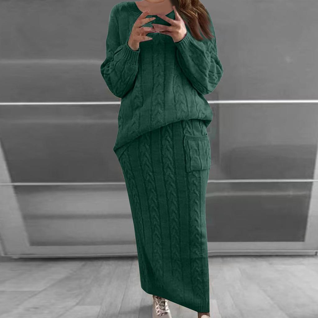 Women Autumn Winter Twist Crop Sweater Hip Skirt Knit Set for Laides Solid Color Slim All Match Two Piece Set