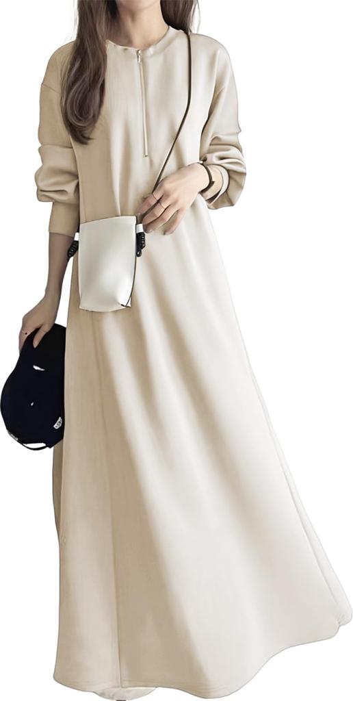 Half Zip Maxi Length Long Retro Room Body Office Adult Beige [Air Buy] Dress, Long, Beautiful, Casual, Simple, Autumn, Winter, Elegant, Sleeve,