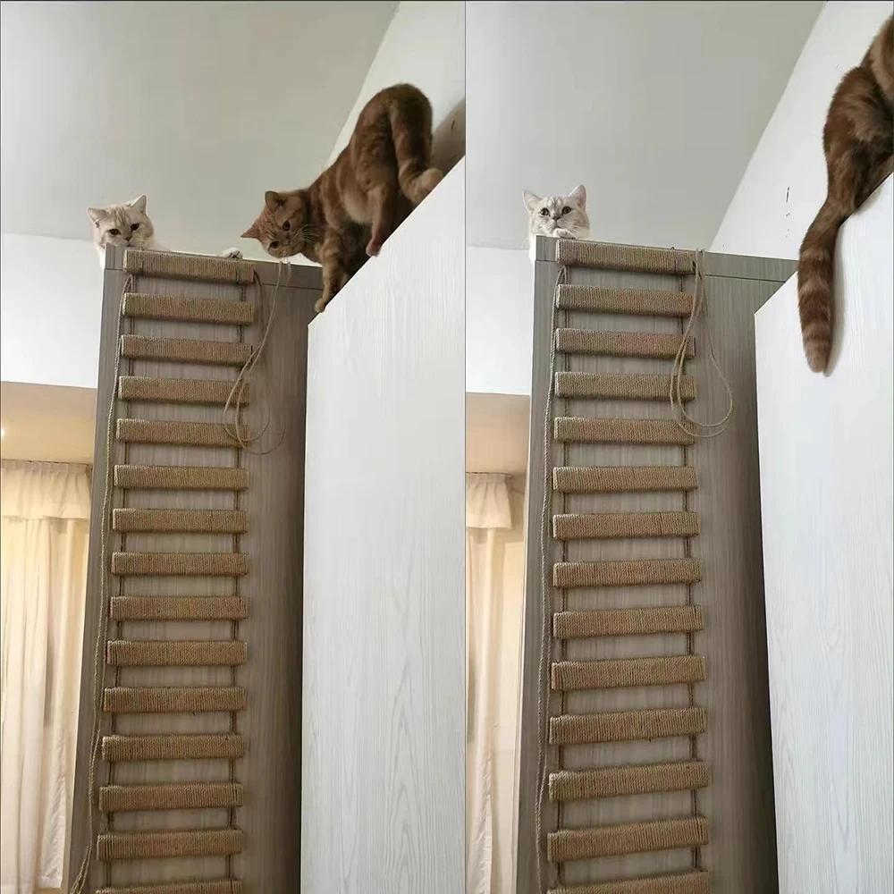 Wall Mounted Solid Wood Sisal Cat Climbing Ladder Scratcher Climber Furniture  Activity Cat Bridge Exclusive Amusement Park